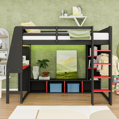 Wood Loft Bed With LED-Lit Desk, Shelves And Hanging Clothes Rack