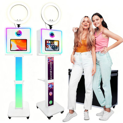 RXFSP Photo Booth for All iPad and for Camera Dualuse Customized Logo Selfie Station Shell Stand APP Control RGB Ring Light Music Sync Light Box Photobooth Machine with Flight Case for Rental