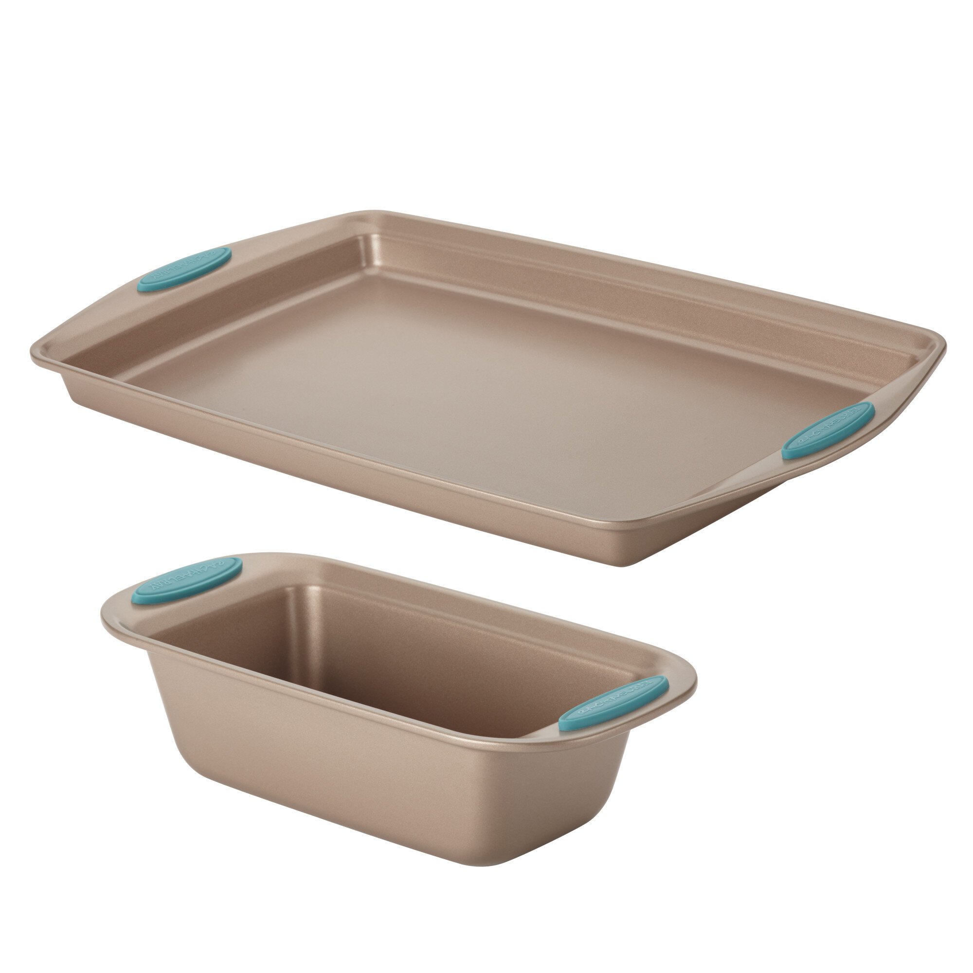 Rachael Ray Cucina Hard Porcelain Enamel Nonstick Cookware Set, 12-Piece,  Agave Blue and Rachael Ray Cucina 4-Piece Bakeware Set, Latte Brown with
