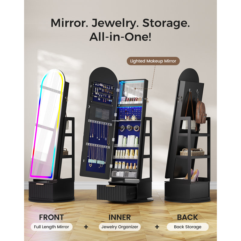 Armoire pour bijoux pivotante à 360 ° avec miroir lumineux RVB, Noir