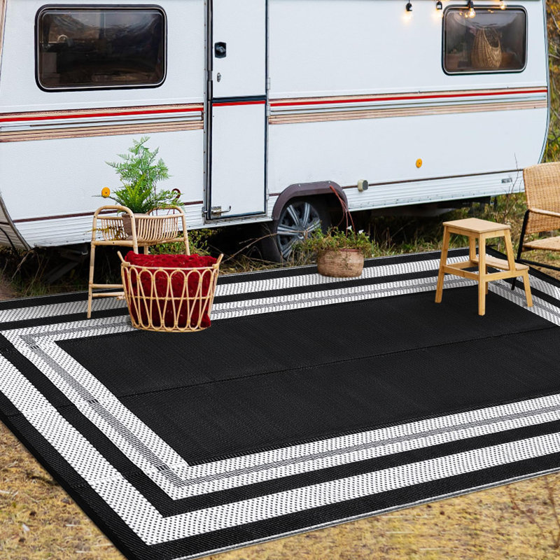 Outdoor Rug 10x14 Large Rug Plastic Straw Rug Waterproof Outdoor Patio Rugs Reversible Portable Camping Rugs Lightweight Floor Mat for RV Porch Balcony Patios Picnic Black Panel