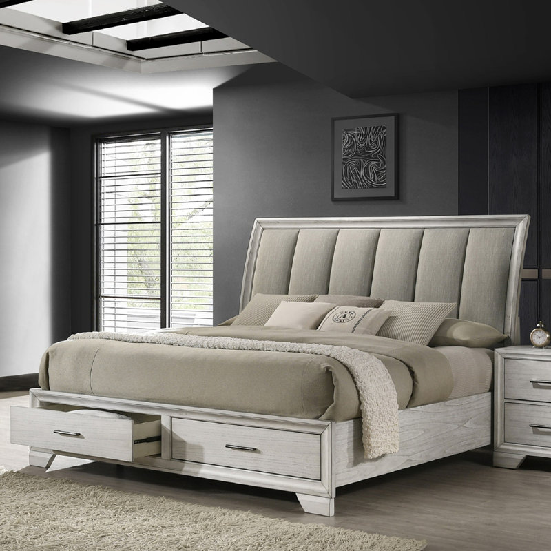 Lit plateforme avec rangement 1pc, Blanc antique, Très grand lit