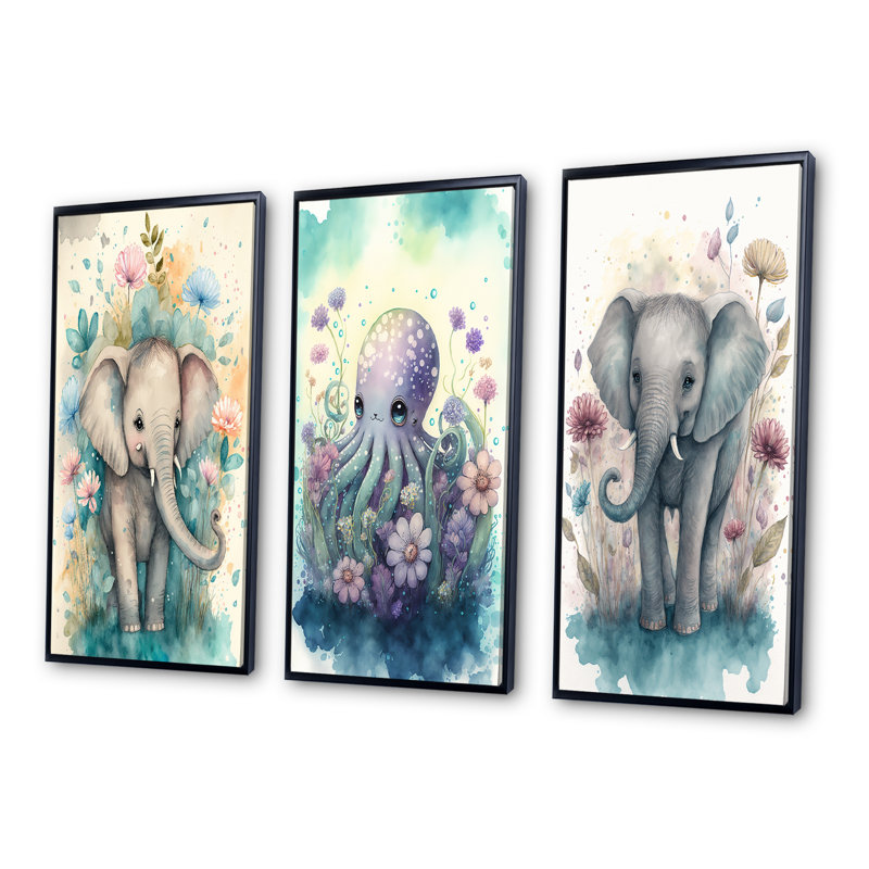 «Cute Little Baby Elephant In The Flowers», 3 pièces sur toile, Noir, H 28 po x l 36 po