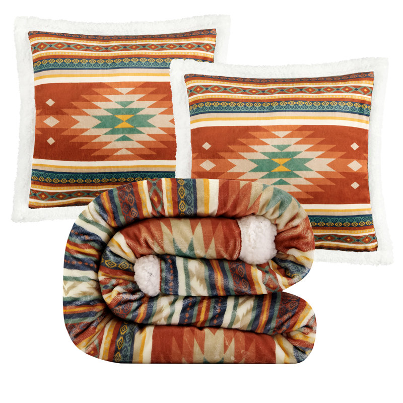 Campfire Sherpa Western Southwestern Lodge Throw Blanket Set with 2 Pillows, Red Del Sol