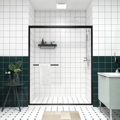 Aluminum Frame Double Sliding Glass Shower Enclosure With 1/4" (6mm) & Tempered Glass, Safe Design, - Crash Angle For Bathroom Rust Handle