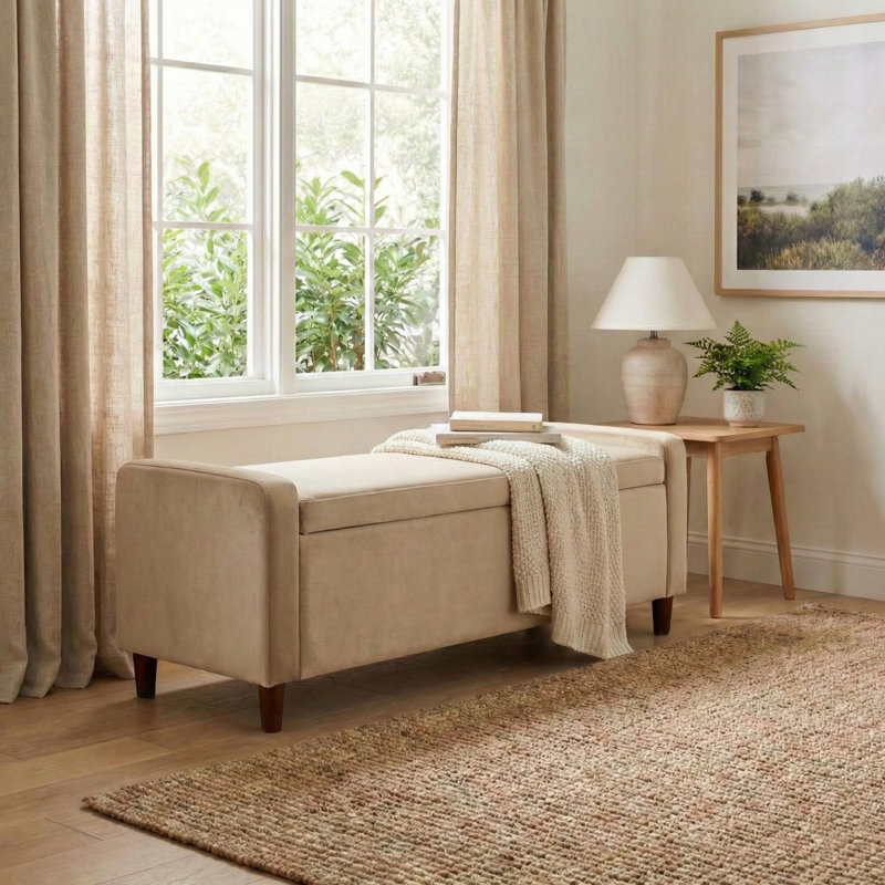 Upholstered Storage Bench Entryway Bench, Beige
