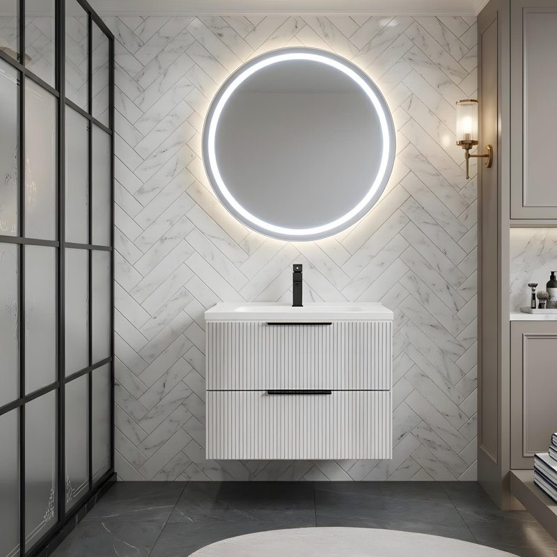 Meuble-lavabo mural avec lavabo en céramique et deux tiroirs, Gris antique, 30