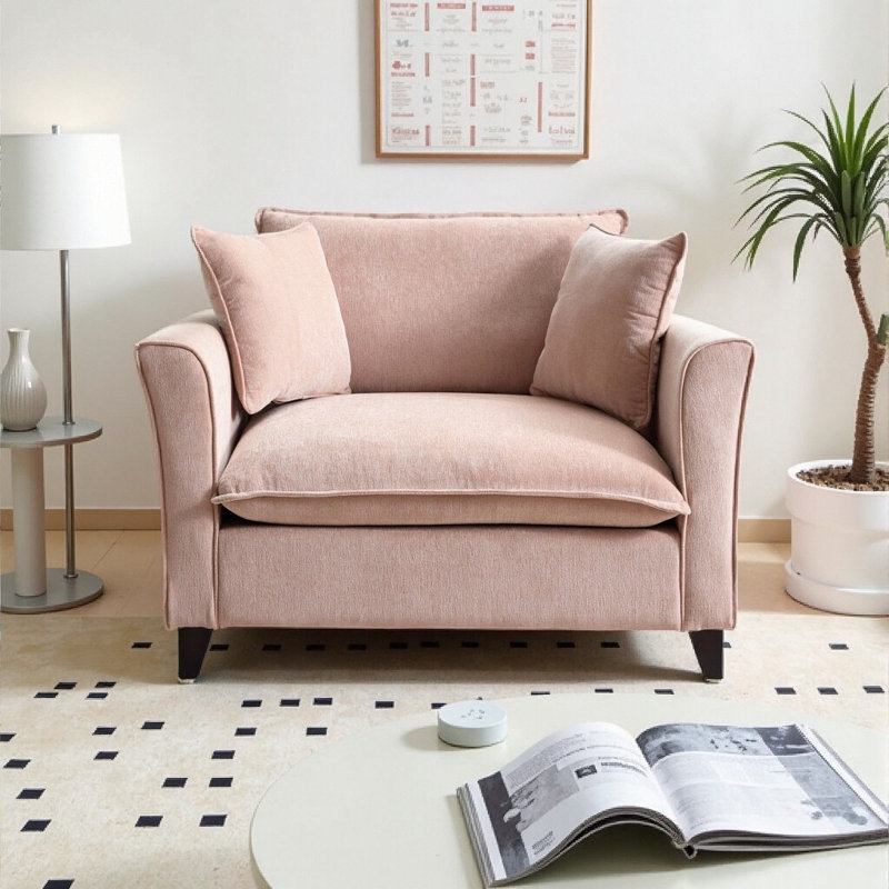 Fauteuil surdimensionné luxueux en chenille - Motif à volants moelleux avec housses lavables et base en bois d'hévéa, Rose