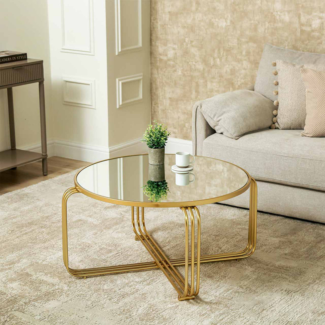 Adero 93cm Round Metal Coffee Table For Living Room Furniture, Center Table with Mirror Top
