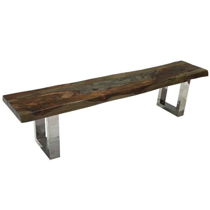 Banc en bois massif Bax, H 18 po x l 84 po x P 5 po, Brun / acier inoxydable