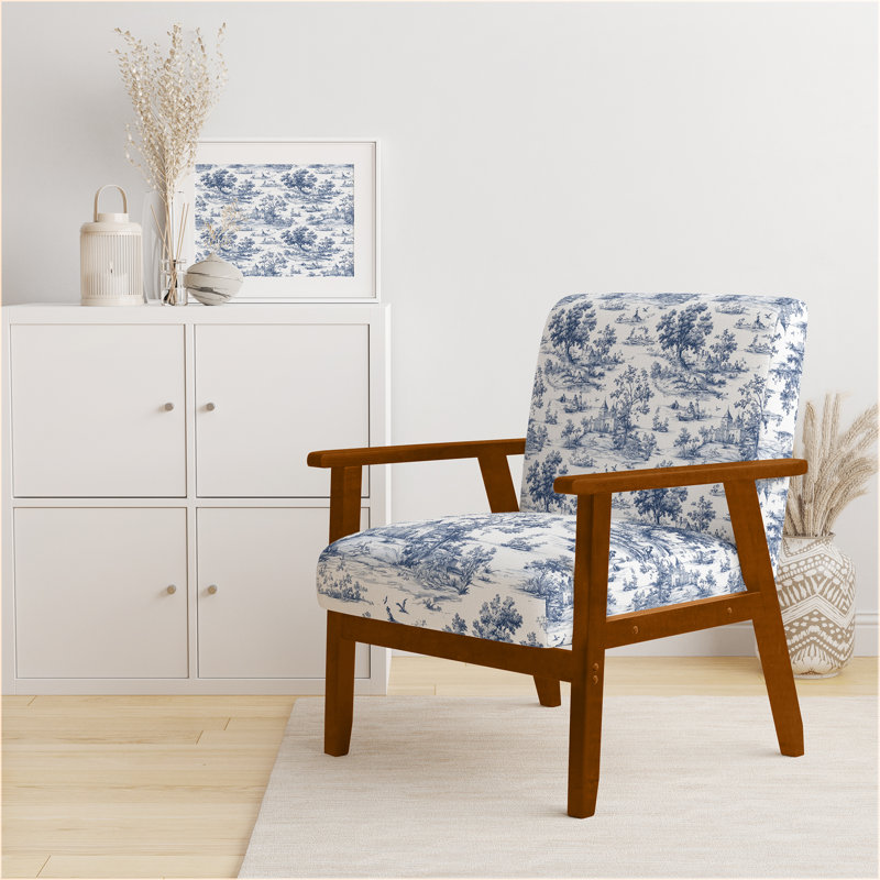 Chaise rembourrée French Country - Fauteuil bleu classique Toile, Accoudoirs carrés bruns