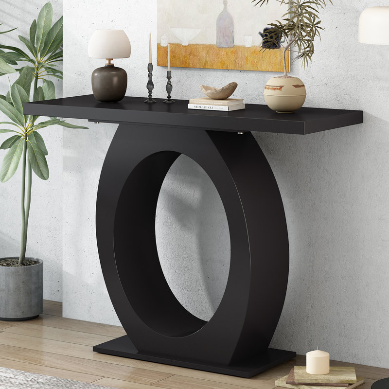  Console moderne avec base circulaire, table d'entrée élégante avec large surface pour le salon, le couloir ou le bureau, noir