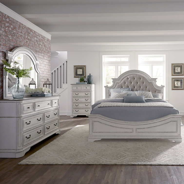 Colchester Upholstered Bed, Dresser & Mirror, Chest