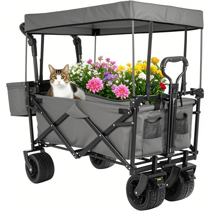 Extra Large Collapsible Wagon W/removable Canopy, 250lbs Foldable Garden Cart W/rear Storage, Big Wheel&adjustable Handles
