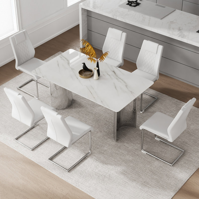 Ensemble de table et de chaises, table de salle à manger moderne et minimaliste. Imitation verre marbré, Blanc / argent
