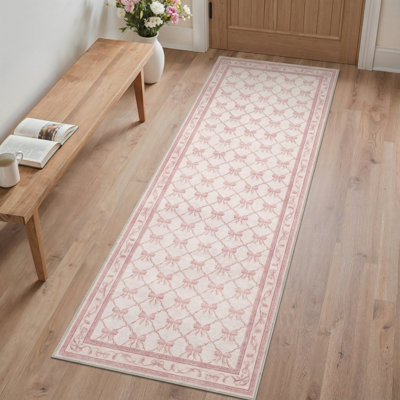 Allenvale Coquette Pink Bow Trellis Machine Washable Non-slip Kids Area Rug