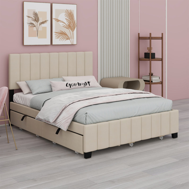 Upholstered Platform Bed With 2 Drawers And Trundle, Beige