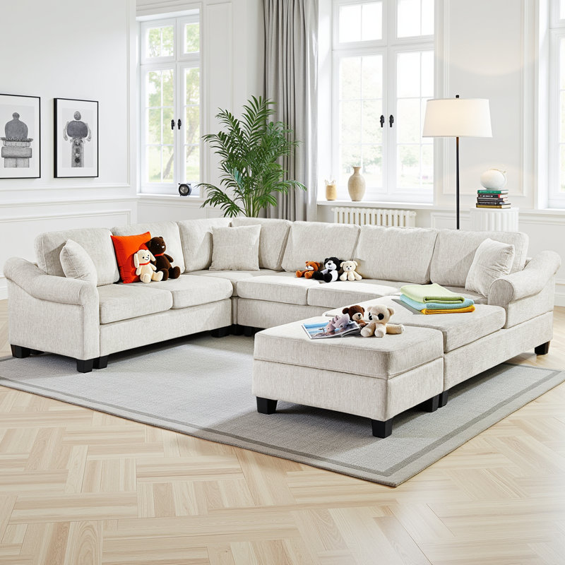 Canapé modulaire en chenille de 111,8 po en forme de U - 6 places avec repose-pieds de rangement mobile, capacité de siège de 330 lb