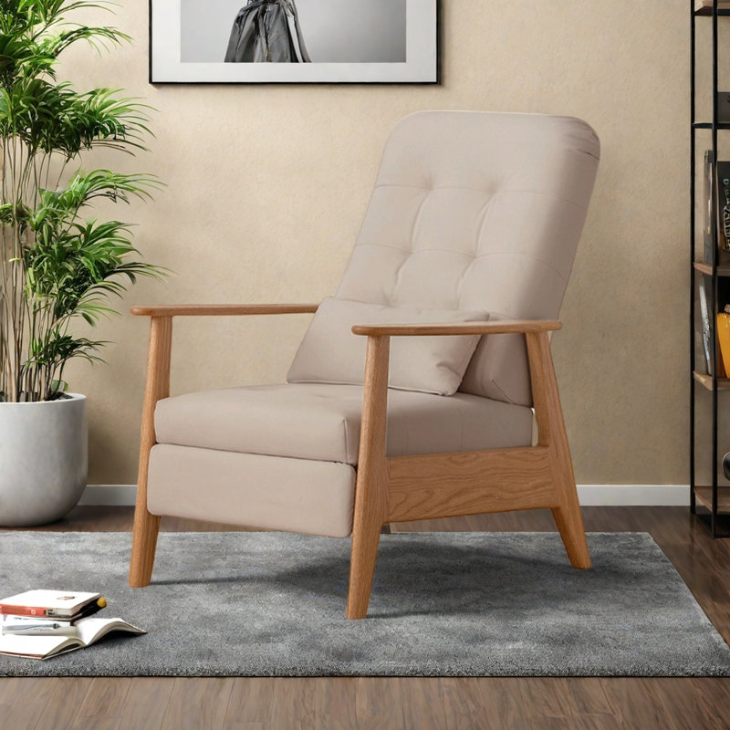 Chaise longue en chêne massif écologique, Marron clair, Fibre de polyester kaki