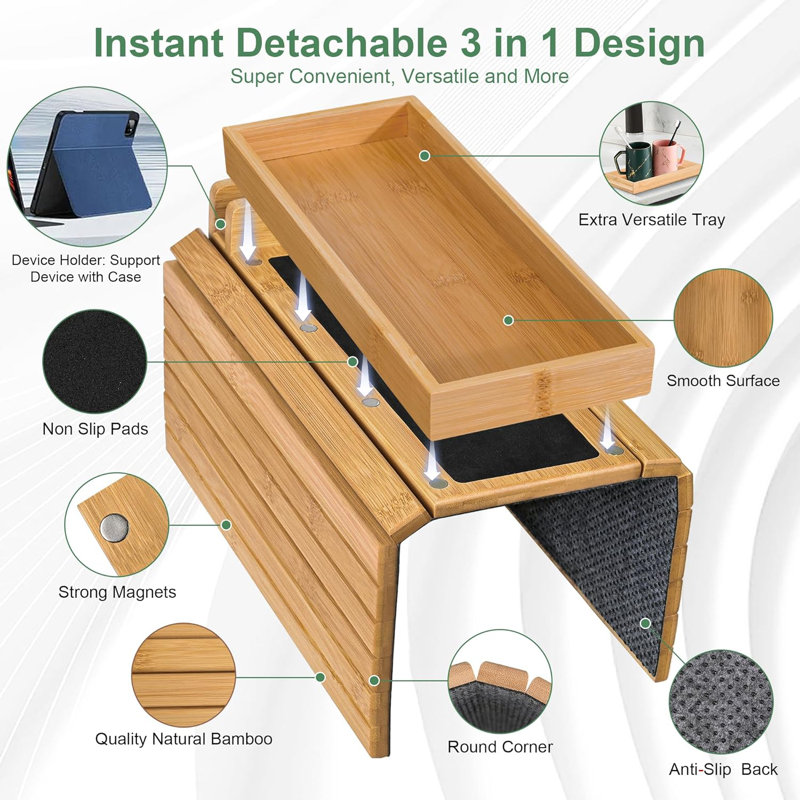 Table de canapé magnétique détachable 3-en-1 avec support pour téléphone et tablette
