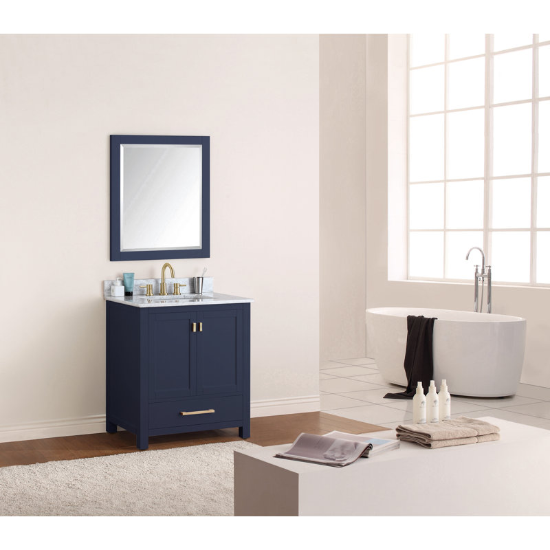 Meuble-lavabo simple 30 po avec plateau Souther, Marbre blanc de Carrare, Marine, Doré