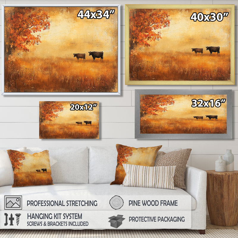 Vaches dans les champs d'automne II - campagne, art mural, H 12 po x l 20 po, Cadre flottant, Noir