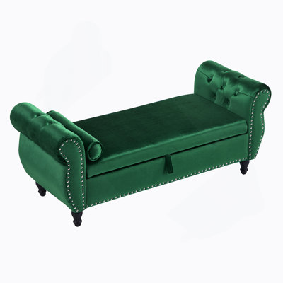 Velvet Multifunctional Storage Rectangular Ottoman Bench With 1 Pillow, Dark Green, Emerald