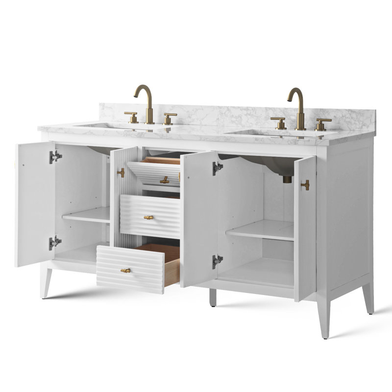 Laval 60" Double Sink Freestanding Bathroom Vanity with Engineered Marble Top, Golden Brushed, Linear White