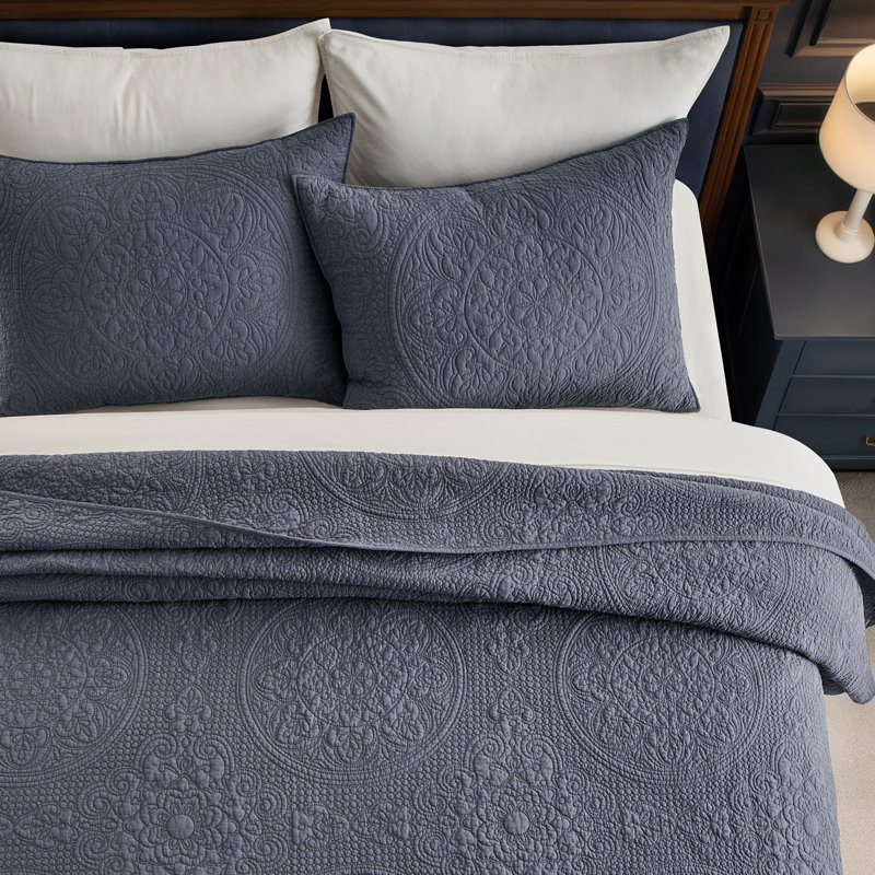 EverGrace Medallion Stitch Cotton Quilt Set - 3-Piece Quilted Bedding Set With Pillow Shams, Lightweight Breathable All-Season Bedspread Coverlet, 100% Cotton, Pre-Washed, OEKO-TEX Certified, Skin-Friendly