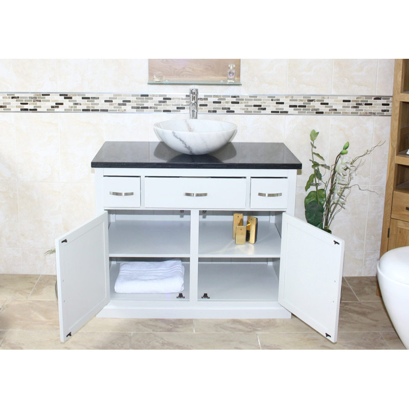 Rodger 1000mm Single Bathroom Vanity with Vessel Stone Basin, Black Quartz, White, White