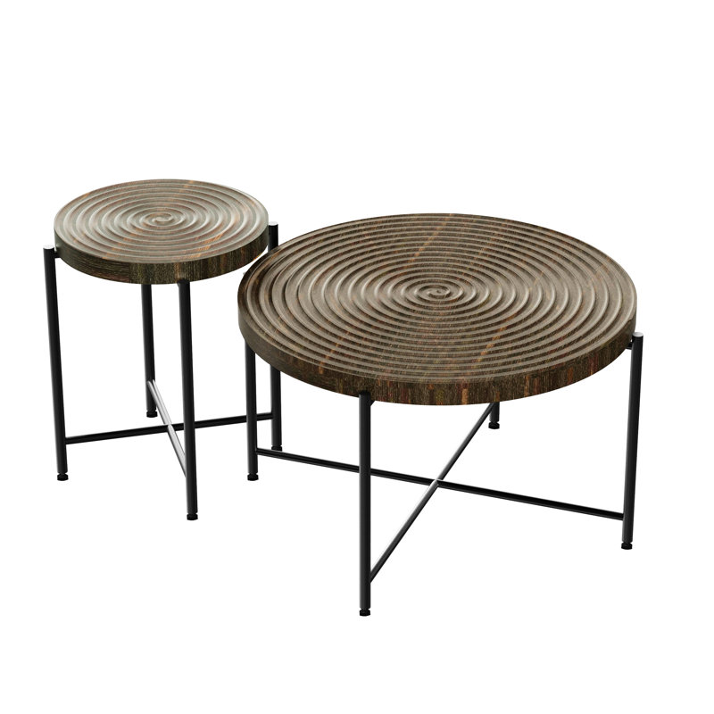 2 Table Collection - Dark Walnut, Waterproof , , Metal Legs Distressed Cylindrical Design Coffee And End Walnut Color, & Stable