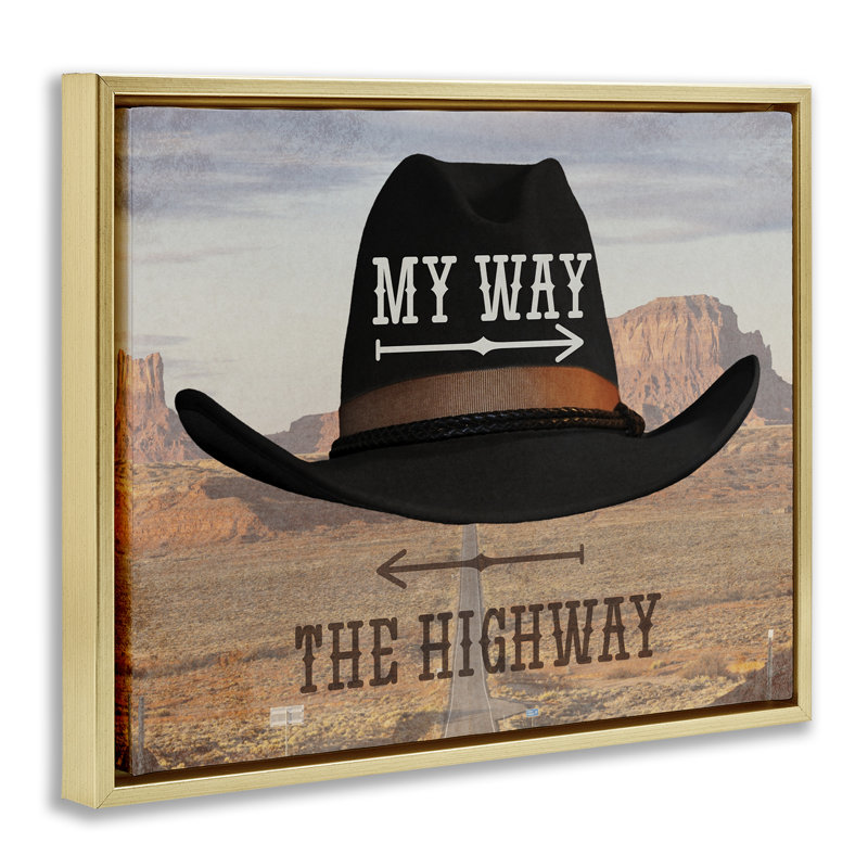 Cadre flottant My Way or Highway Cowboy, design par Marcus Prime, H 25 po x l 31 po, Cadre flottant métallique doré