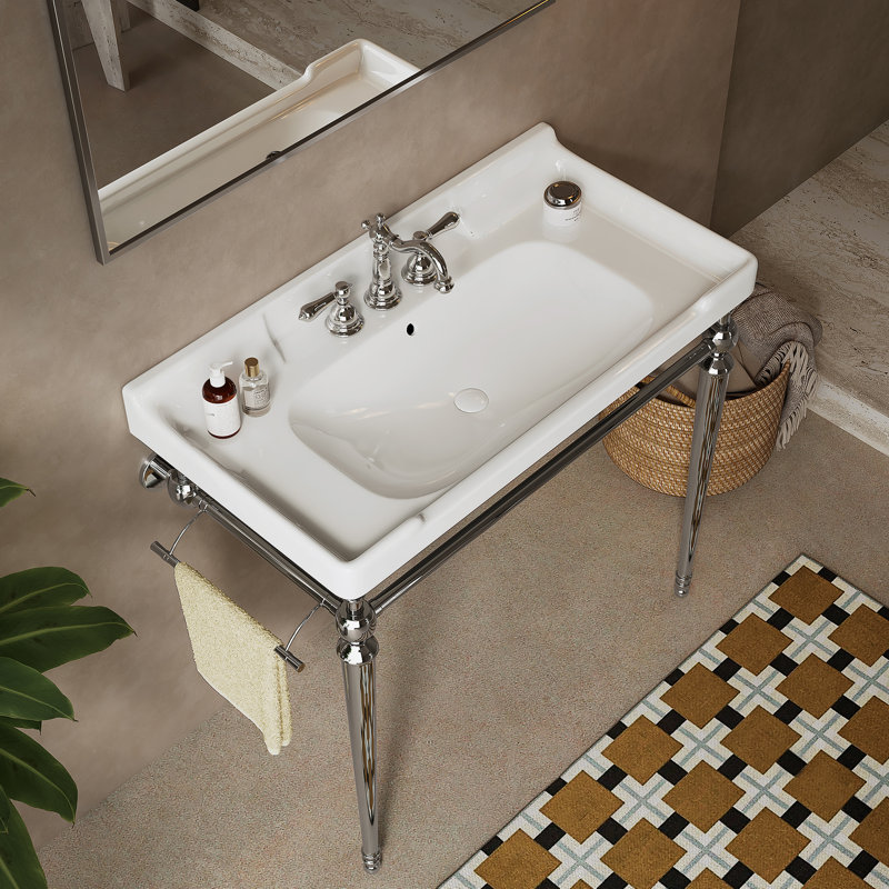 Évier de console de salle de bain mural avec trous de robinet pré-percés, pieds de support autoportants et barre à serviettes, idéal pour la rénovation de salle de bain et l’optimisation de l’espace.