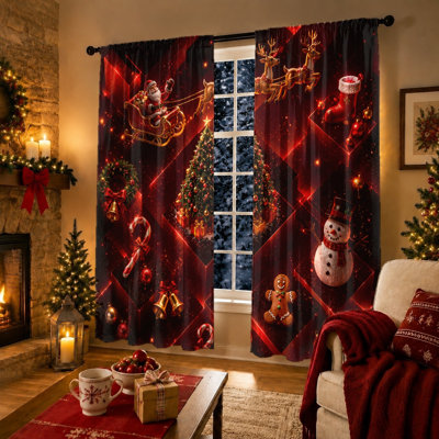 2Pcs Christmas Santa Claus Sleigh Snowman Gingerbread Man Pattern Light Filtering Rod Pocket Curtains For Living Room Bedroom Kitchen Outdoor Decor Home
