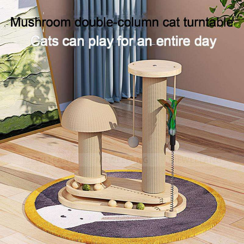 Ensemble de poteaux à griffer en bois multi-fonctionnels, arbre à chat en sisal en forme de champignon avec boule roulante, boule suspendue et jouets interactifs en plumes de printemps pour chats d'intérieur