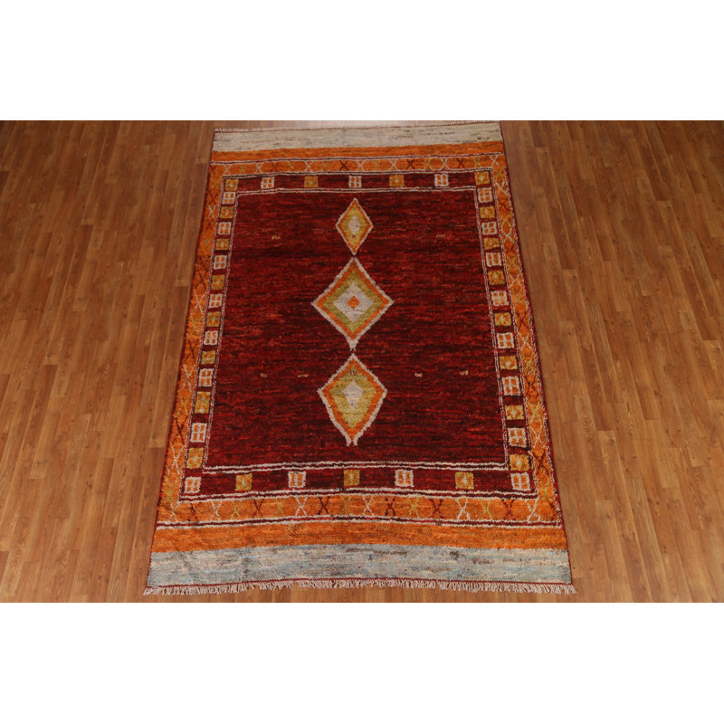 Tapis rouge en laine noué à la main de conception unique 6 pi 4 po x 9 pi 8 po New Age