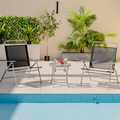 Latitude Run® 3 Piece Patio Folding Chair Set W/ Coffee Table & Extra-large Seat Porch Backyard Poolside