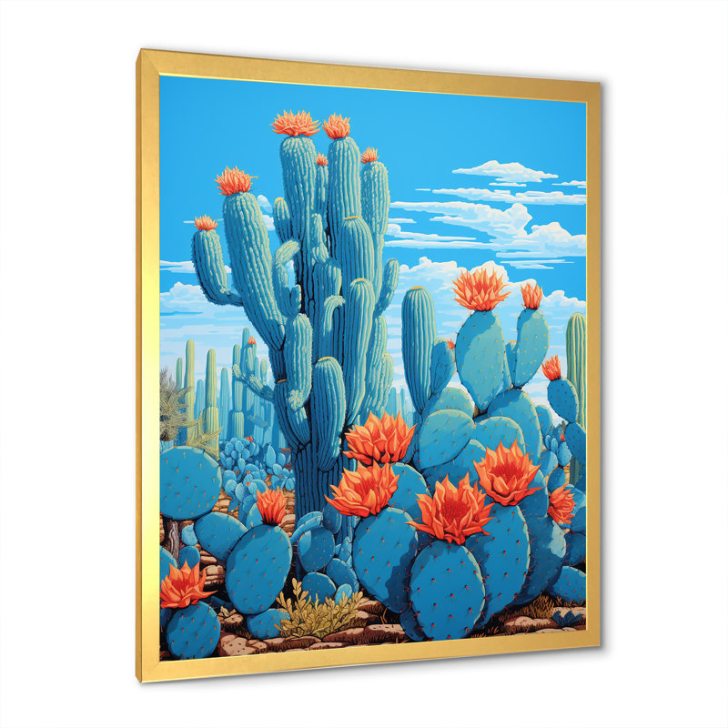 Cerulean Blue Cactus Collage sur toile, Cadre doré simple, H 20 po x l 12 po x P 1 po
