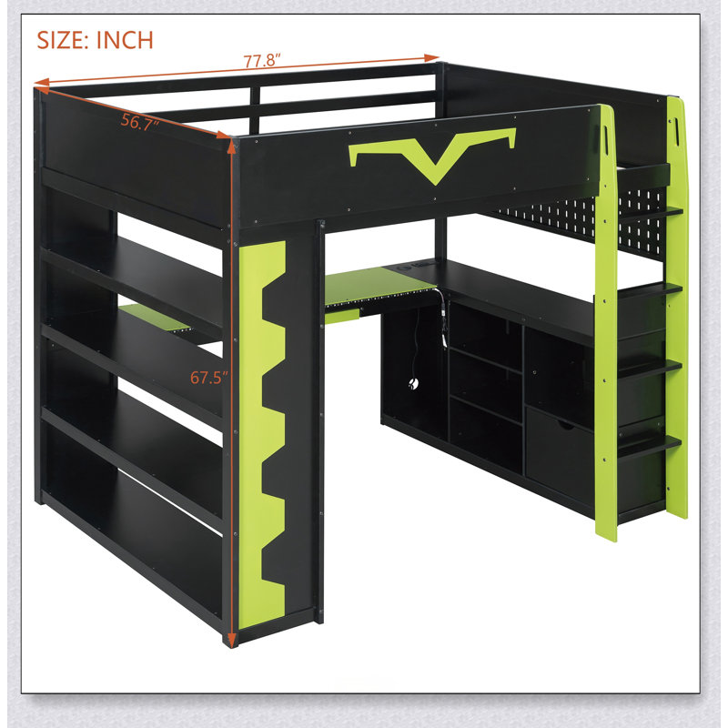 Gaming Loft Bed With Integrated Desk & RGB LED Lights, Pro-Gamer Bed With Power Outlet, Large Bookshelf, Pegboard, Keyboard Tray & Storage Drawer, 3 Colors Available