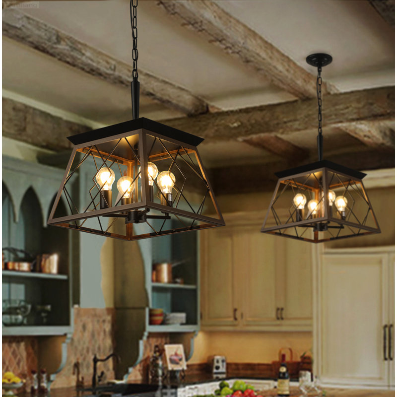 Luminaire suspendu en forme de cage de ferme style ferme rétro avec finition noire et noyer, Matte Black and Walnut Finish