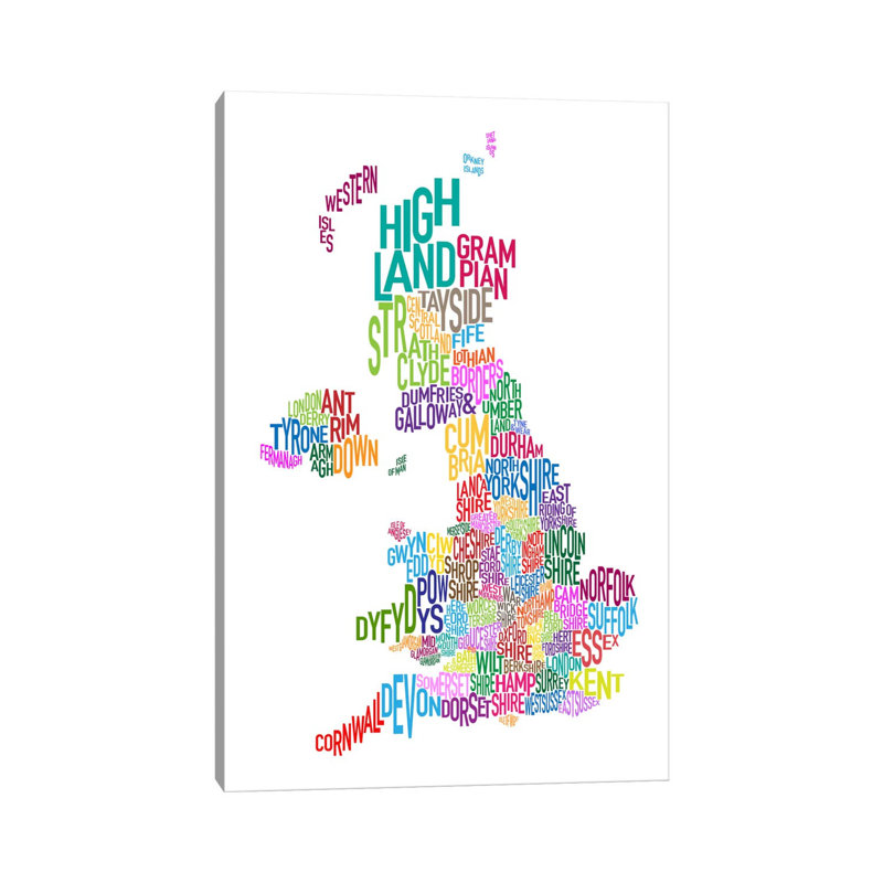 Great Britain County Text Map III by Michael Tompsett - Wrapped Canvas Print, 20.32 cm H x 30.48 cm W