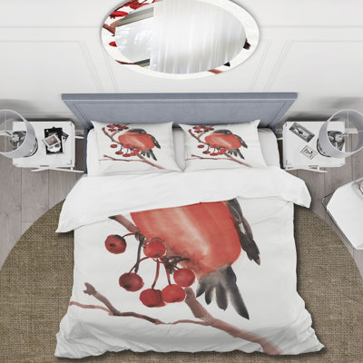 Red Bullfinch Bird On A Branch With Berries - Traditional Duvet Cover Set - Microfiber Polyester