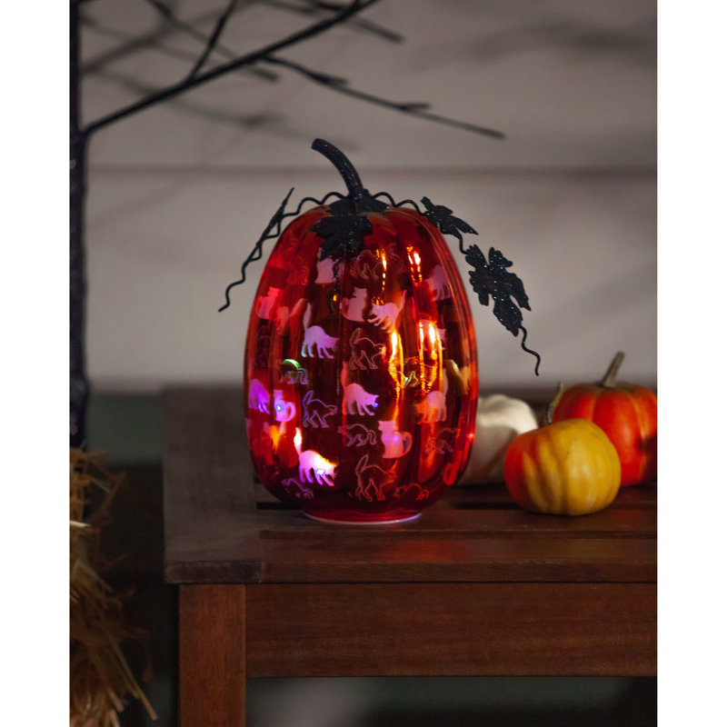 Mercury Glass Lighted Orange Pumpkin with Cats