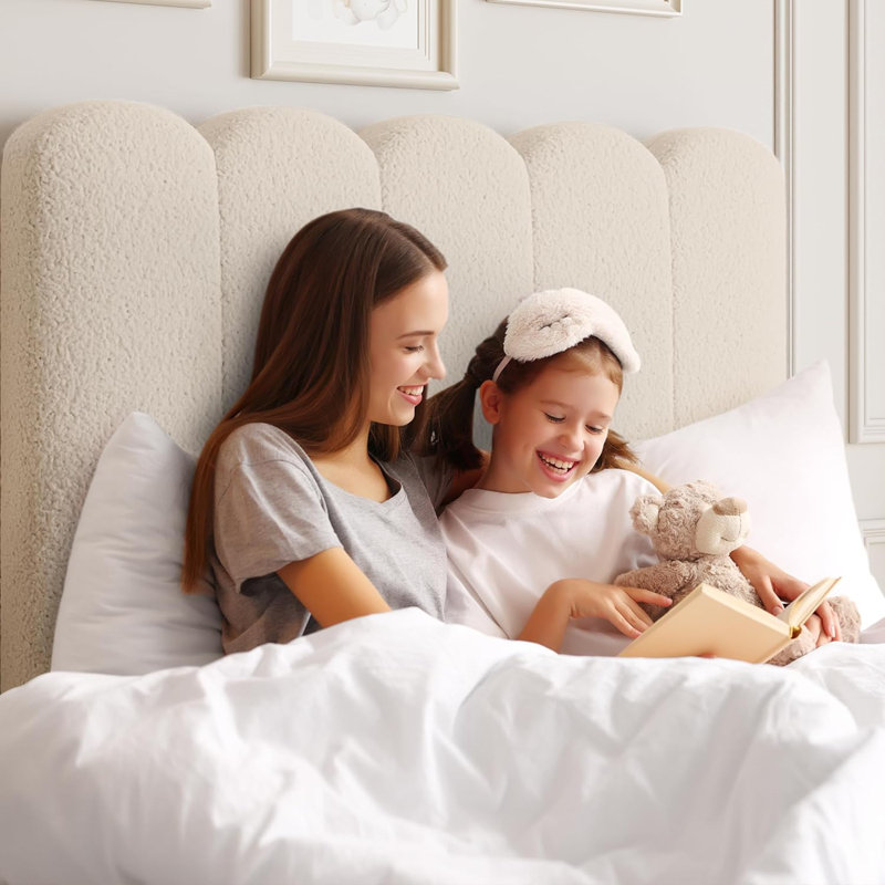 Twin Boucle Bed Frame with Underbed Drawer & Wave Headboard, White