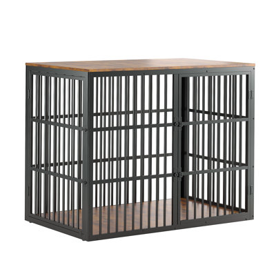 Heavy Duty Dog Crate Furniture End Table, Wooden & Metal Indoor Kennel with 3 Lockable Doors, Chew-Resistant Dog Cage for Medium & Large Dogs, Modern Design