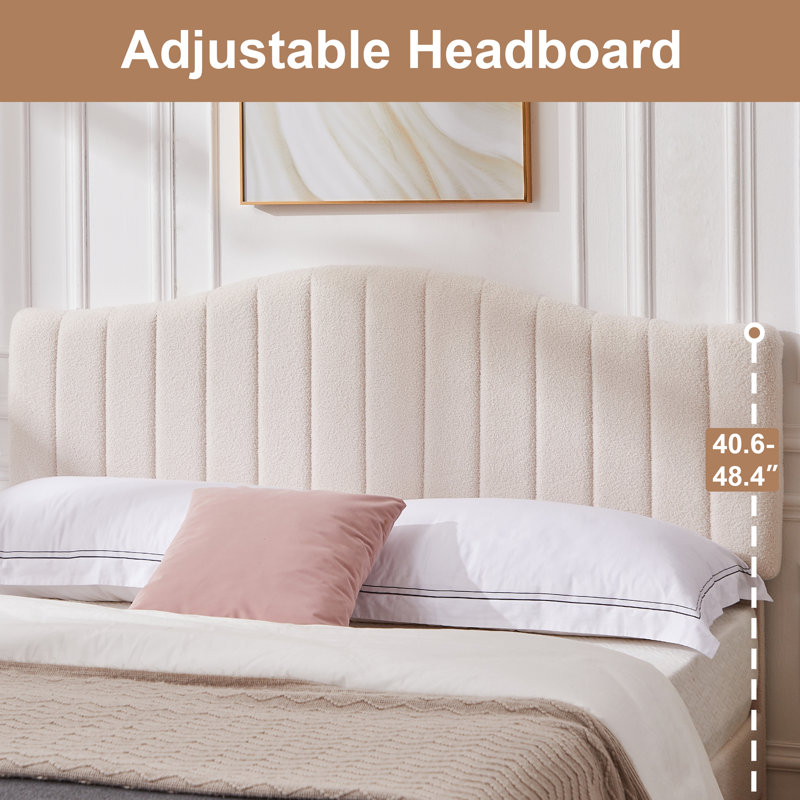 Alair Teddy Fabric Upholstered Platform Bed Frame with Height-Adjustable Headboard, Noise-Free Storage Design, No Box Spring Needed— Twin / Full / Queen, Cream / Gray / Dark Gray"