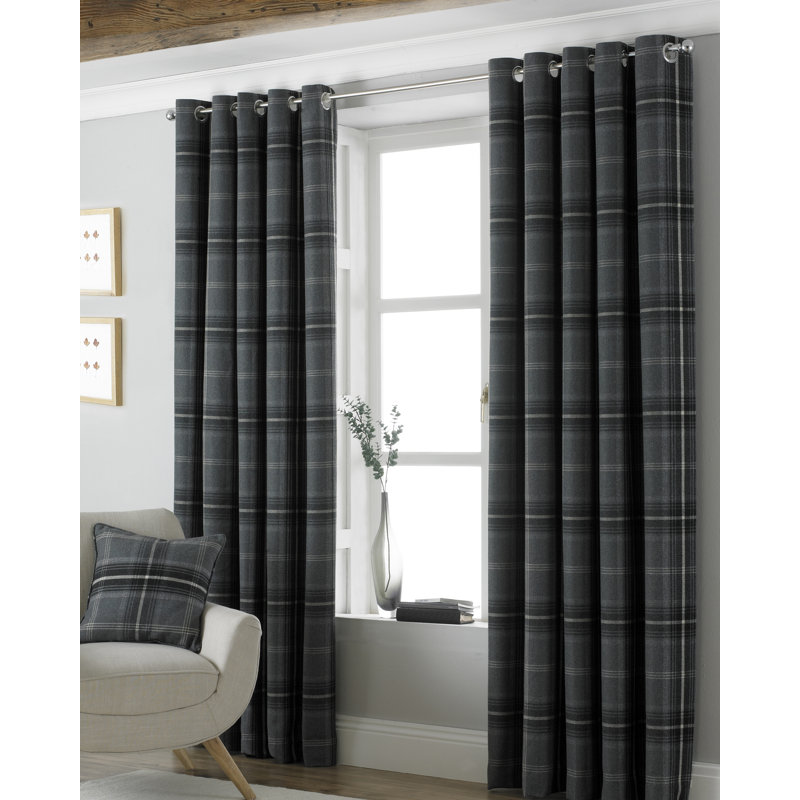 Bernita Tartan Faux Wool Eyelet Curtains, 117 W x 137 D cm, Ochre Yellow