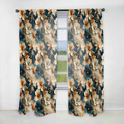 Bleu et beige fleur vive Garden Beauty IV - Rideau floral - Velours obscurcissant - 1 panneau
