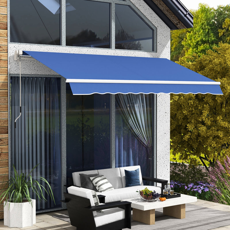 12' X 10' Retractable Sun Shelter Awning, Manual Crank, & Water- 280G/M Fabric, Aluminum Frame For Deck, Patio, Yard, Dark Blue Awning , Frame, Balcony, Yard