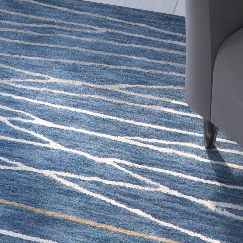 Tapis bleu azur à motif abstrait touffeté à la main Soleia, Rectangle 8 pi 6 po x 11 pi 6 po